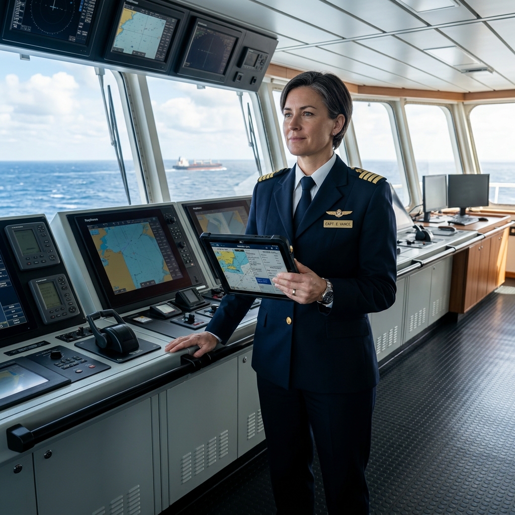 Captain on bridge using tablet